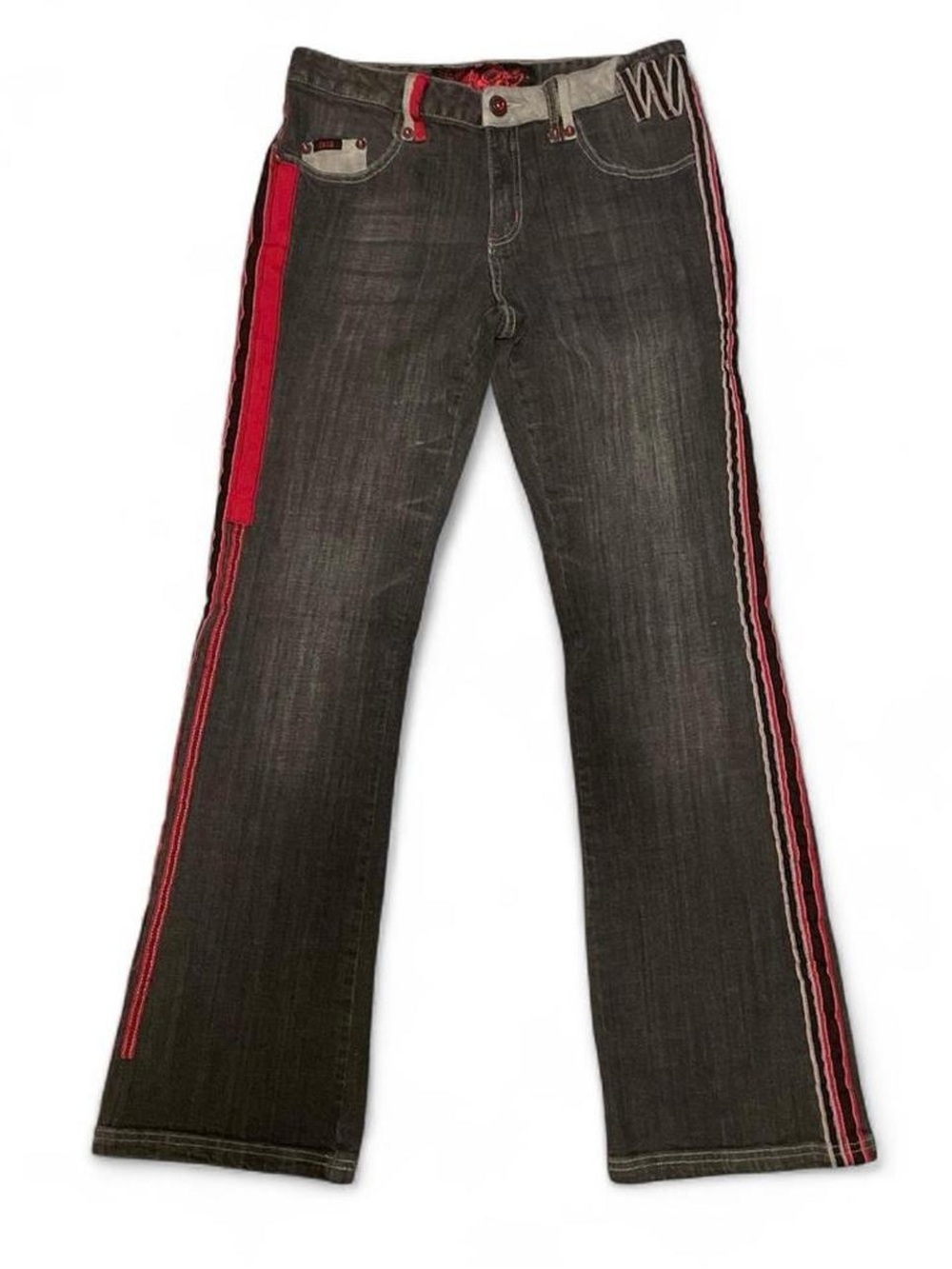 Vintage Lady Enyce Y2K Black Denim Flare Jeans with Red Side Stripe and Rhinesto